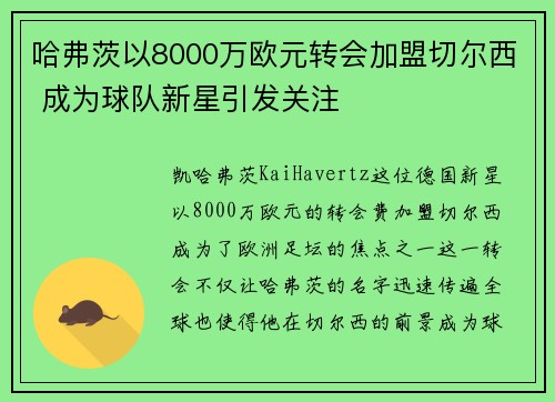 哈弗茨以8000万欧元转会加盟切尔西 成为球队新星引发关注