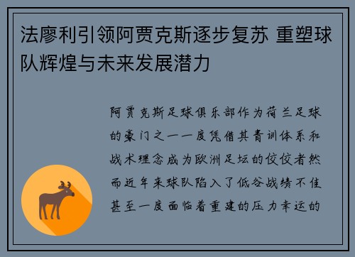 法廖利引领阿贾克斯逐步复苏 重塑球队辉煌与未来发展潜力